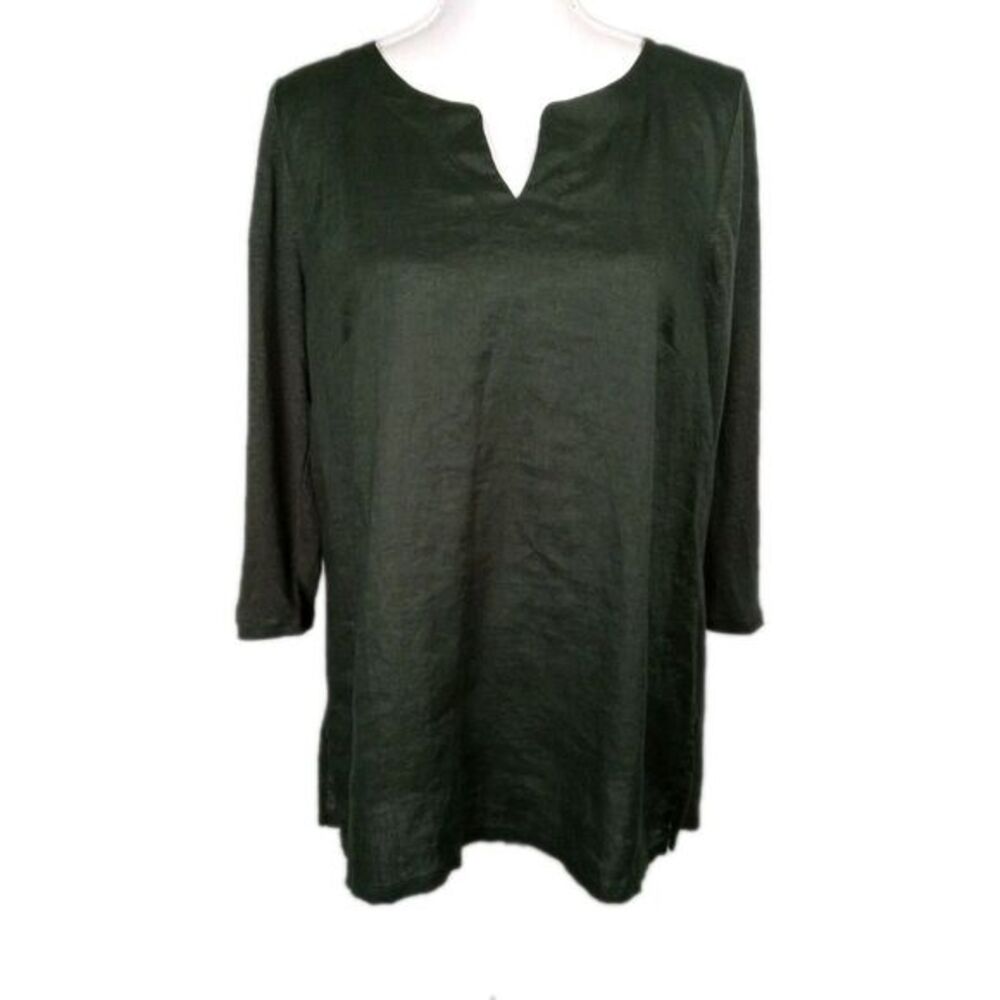 J Jill 100% Linen Tunic Top M Army Green  Pullover 3/4 Sleeve‎ Lagenlook Scandi